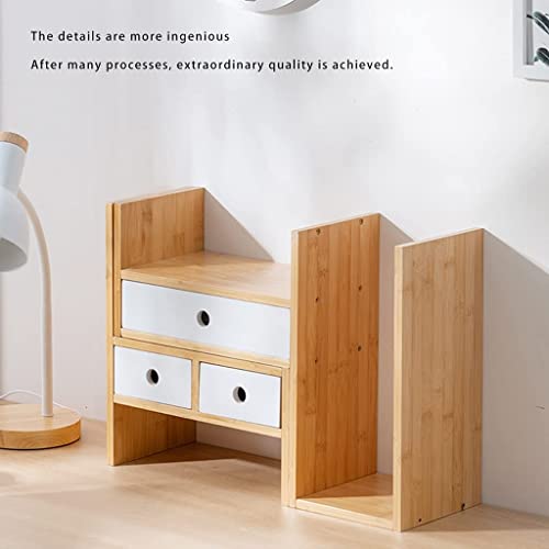 Bookcase Bamboo Desktop Bookshelf with Drawer Expandable Desk Organizer Multifunctional Display Shelf Rack for Office and Home High Capacity, 77*35cm