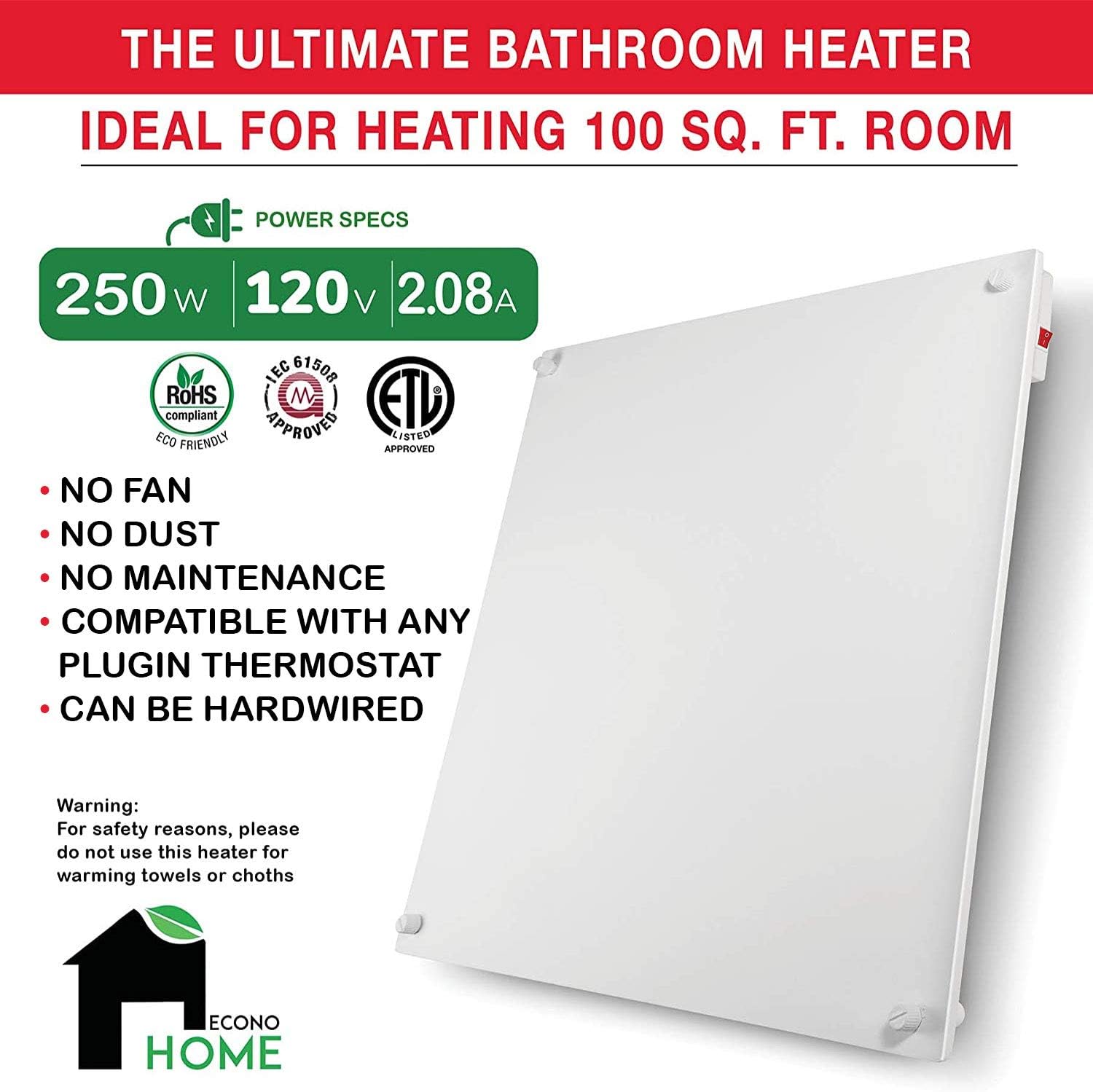 EconoHome Wall Mount Space Heater Panel - 250 Watt Splashproof Convection Heater - Ideal for 100 Sq Ft Room or Bathroom - 120V Electric Heater - Save On Heating Cost - Overheat Protection