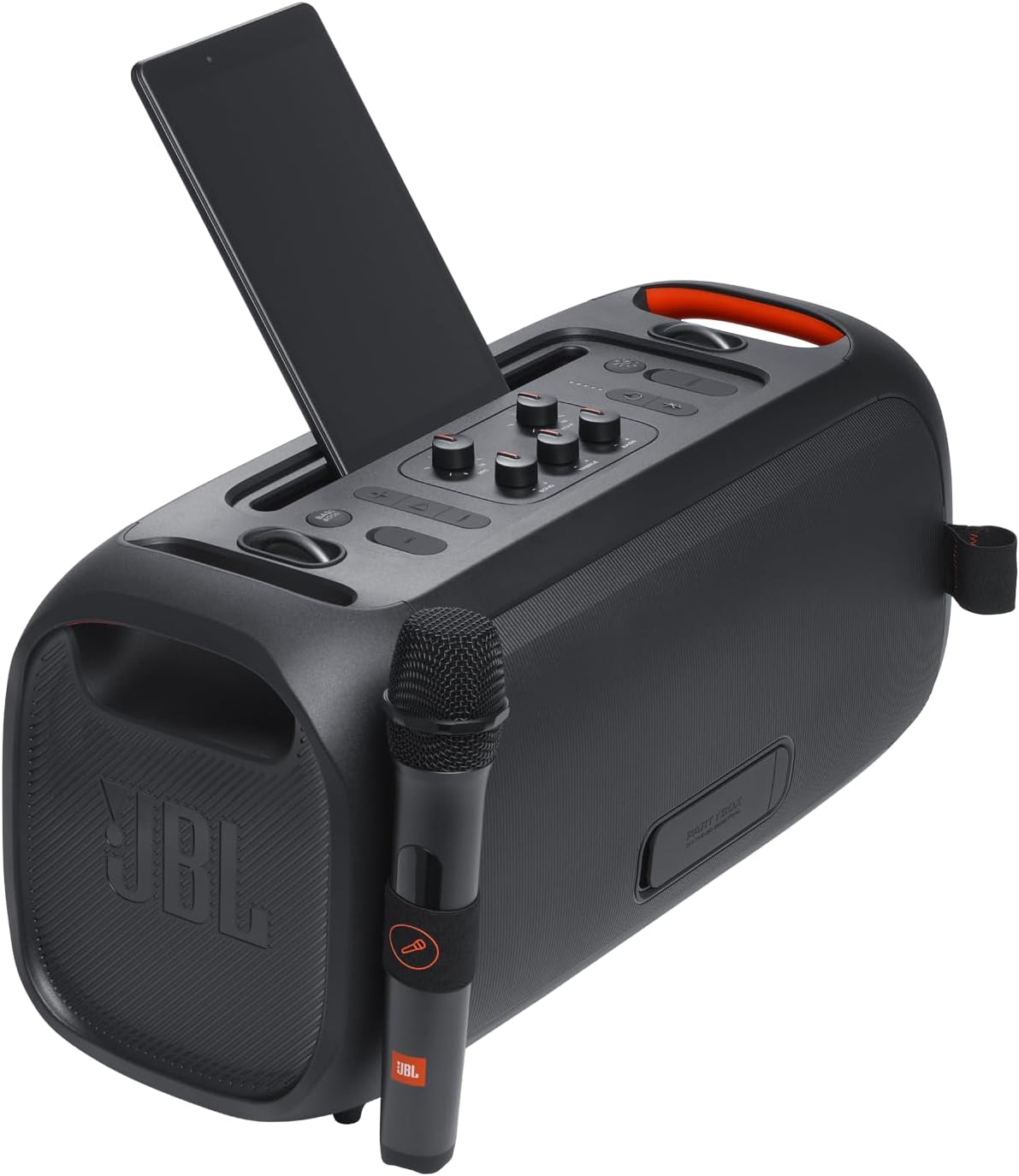 JBL PartyBox On-The-Go Essential - Portable party speaker with built-in lights and wireless mic, Amazing Pro Sound, IPX4 splashproof protection, 6 hours of playtime, Convenient shoulder strap