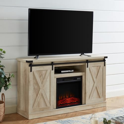 JYED Farmhouse Electric Fireplace TV Stand with Sliding Barn Door for TVs up to 60",White Oak Entertainment Center with Remote Control,Cable Hole,Adjustable Shelves for Living Room.54"x15.5"x31"