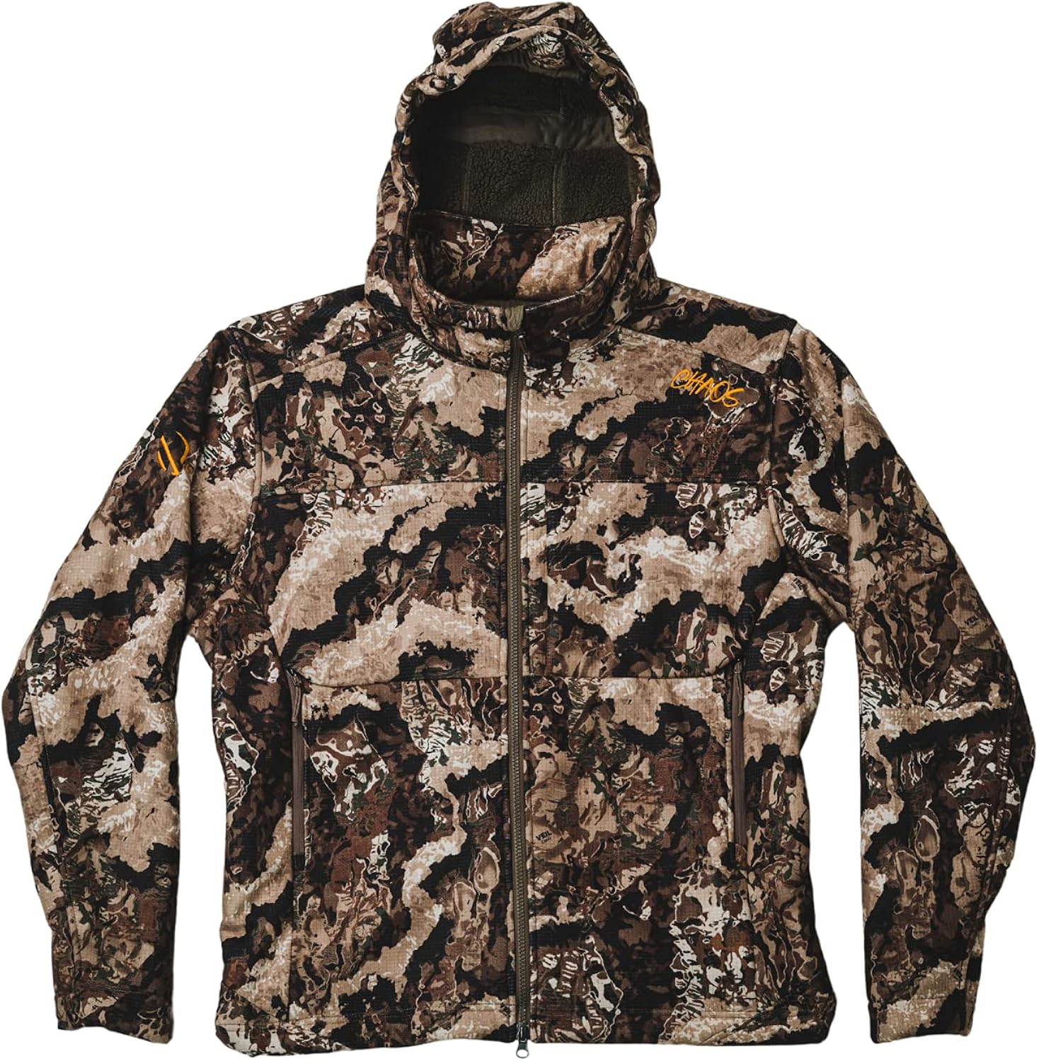 VEIL CAMO Men’s Fleece Chaos Jacket – Noise Reduction Grid Face, Windproof, 4-Way Stretch, 3 Large Pockets & Attached Hood