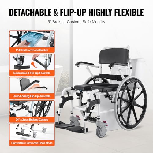 VEVOR Shower Wheelchair, 17.5in Width Aluminum Alloy Bathroom Wheelchair for Inside Shower, Adjustable Rolling Shower Chair w/Brake for Disabled Adult, 300 lbs Capacity Shower Transport Chair