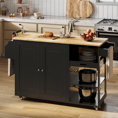 Gizoon Rolling Kitchen Island with Drop Leaf, 60.6" Width Wood Countertop, Kitchen Carts on Wheels with Large Storage Cabinet, Adjustable Shelf, Spice Towel Rack, Removable Tray, White