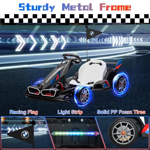 24V 9AH Electric Go Kart with Adjustable Seat, 7.5 MPH Drift Kart for Kids Age 6-12, 2 * 200W Motors, Drift Mode and 2 Speed, Licensed BMW (Grey)