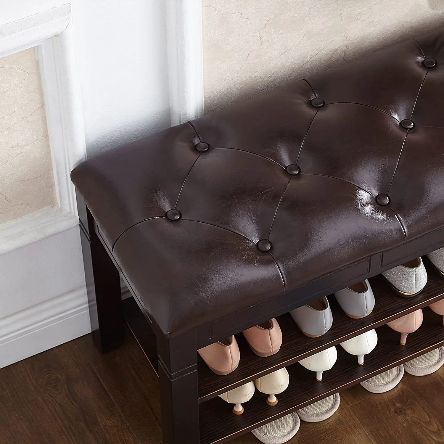 Shoe Storage Bench with Cushion, Entry Bench with Storage Solid Wood Shoe Bench Ideal for Entryway Living Room and Corridor (Brown, 31.5'')