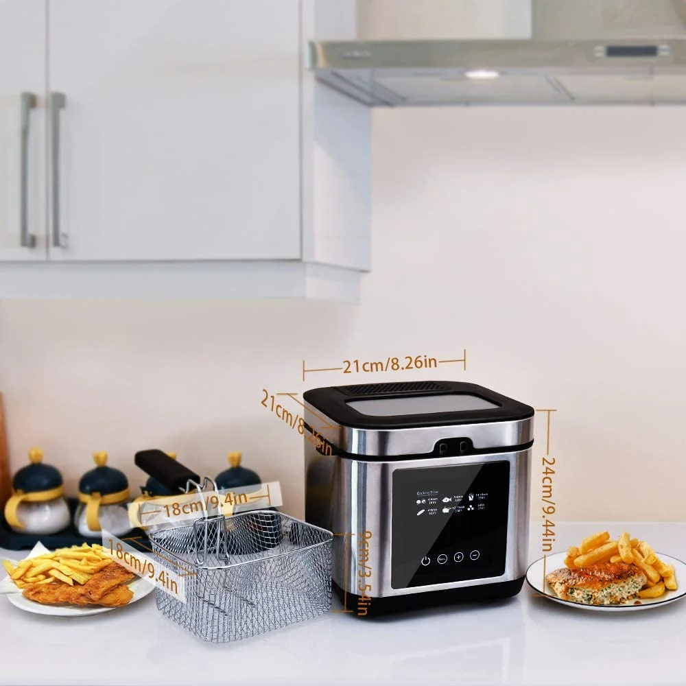 Deep Fryer, Cusimax Electric Deep Fryer with Basket, Oil Thermostat, 2.5l/2.64qt Deep Fat Fryers with Timer, Removable Lid, View Window, Cool Touch Handle, Stainless Steel Oil Fryer with Drain Hook