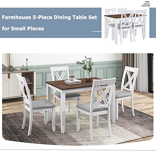 5-Piece Dining Table Set for Small Spaces, Minimalist Wood Dining Table with 4 Upholstered Chairs, Rectangular Table and 4 X-Back Chairs (Blue)