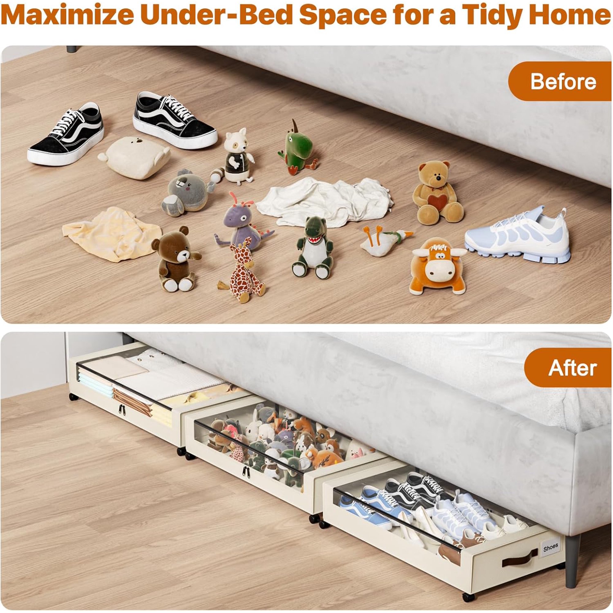 Under Bed Storage with Wheels, 4 Pack Under Bed Storage Containers with Clear Lids, XXL 60L Under-Bed Organizers for Clothes, Shoes – Durable Storage Bins with Smooth Rolling Wheels (White, 4 Pack)