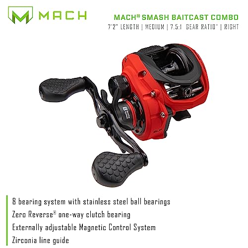 Lew's MACH Smash Baitcast Reel and Fishing Rod Combo, IM6 Graphite Blank Fishing Rod, Split Grip Winn Dri-Tac Handle, Fluorescent Red