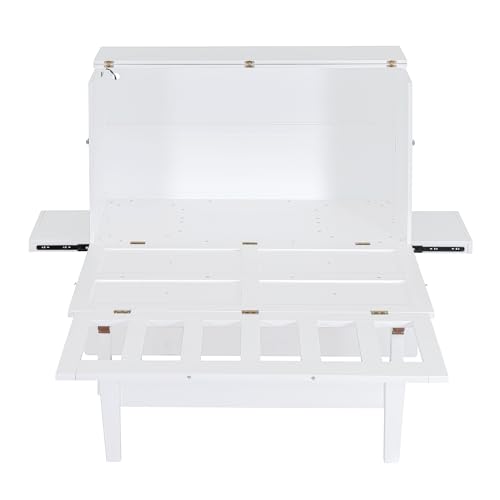 Full Size Murphy Bed with Desk,USB Port,and removable Shelves on Each Side, Full Platform Bed Wood Frame, for Guest Room Home Office (White)