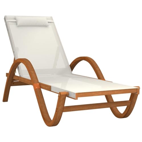 Sun Lounger with Pillow White Textilene and Solid Wood Poplar,Luxurious Patio Sun Lounger Adjustable Reclining Backrest for Optimal Comfort Textilene and Poplar Wood, 1