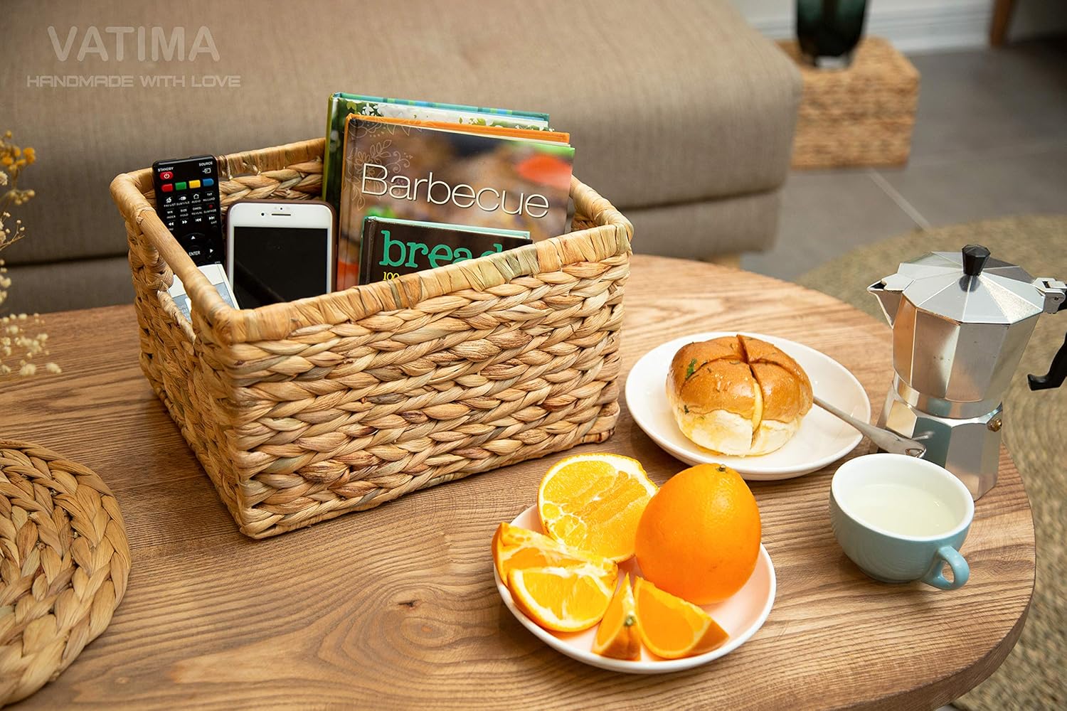 VATIMA Large Wicker Basket Rectangular with Wooden Handles for Shelves, Water Hyacinth Basket Storage, Natural Baskets for Organizing, Wicker Baskets for Storage 14.5 x 10.3 x 7.2 inches