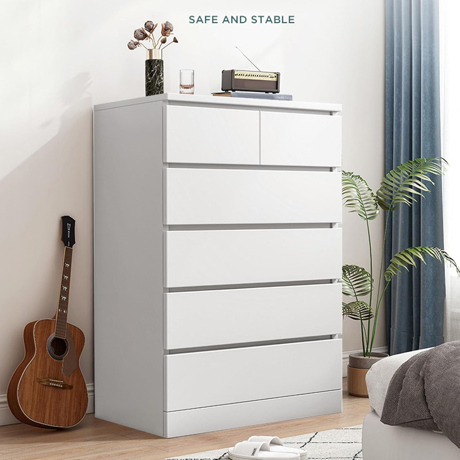 Tall White Skinny Dresser for Bedroom, Closet Organizer, Chest Drawer, Tall Dresser with 6 Wood Drawers Tall Storage Dresser Chest Cabinet Organizer Unit for Bedroom, Living Room, Closet, Hallway