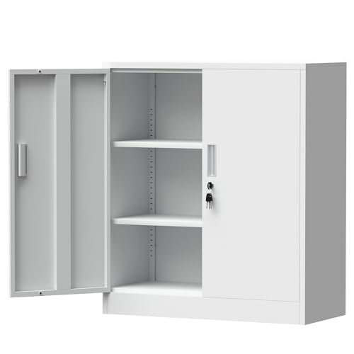 Metal Storage Cabinet with Locking Doors and 2 Adjustable Shelves, Small Lockable Storage Cabinet for Home Office Garage (Black)