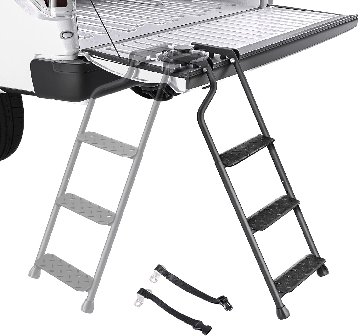 AA Product Tailgate Ladder Foldable Pickup Truck Tailgate Ladder Universal Accessories for Truck Easy Install Durable Steel Omni-Directional Ladder Rack Capacity 300 lbs(USPTO Patent Pending) Pack of 2