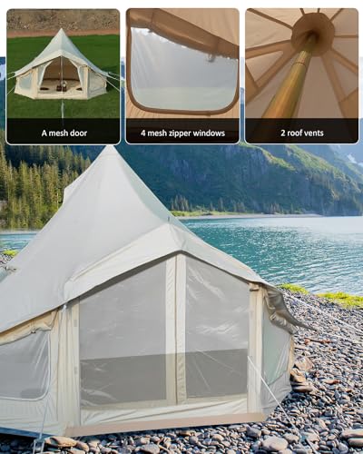 Canvas Bell Tent, 4 Seasons Yurt Tent with 2 Stove Jack, 4 Mesh Zippers Windows, Breathable Waterproof Tent Suitable for 4-12 People, Family Camping Outdoor Party