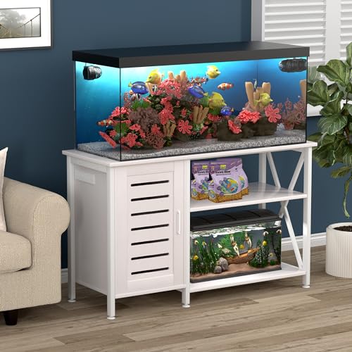 55-75 Gallon Fish Tank Stand, Aquarium Stand with Power Outlets and Cabinet for Fish Tank Accessories Storage, Heavy Duty Metal Frame, 52" L*19.68" W Tabletop, 1200LBS Capacity, White PG05YGW