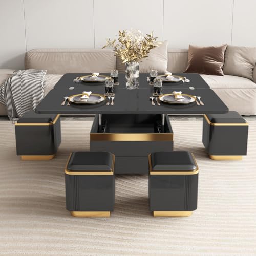 Multifunction Lift Top Coffee Table, Rectangle Folding Table with Storage and 4 Stools for Living Room, 3 in 1 Coffee to Dining Table Convertible, Modern Table That Lifts Up and Down, Black