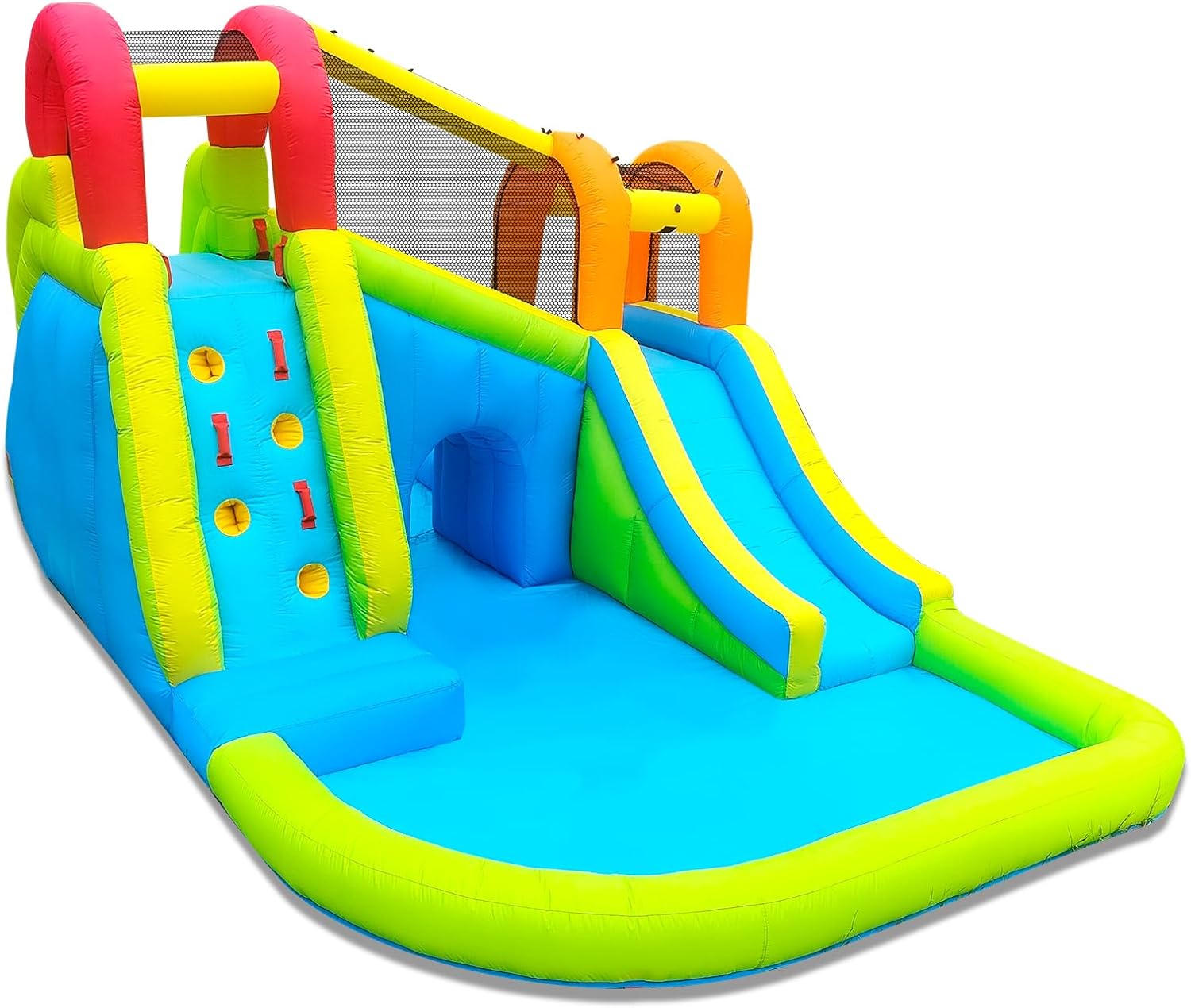 Inflatable Water Slide with Air Blower, Water Park for Kids Backyard, Blow Up Water Slide with 2 Slide, 2 Climbing Wall, Basketball Hoop, Water Cannon and Splash Pool