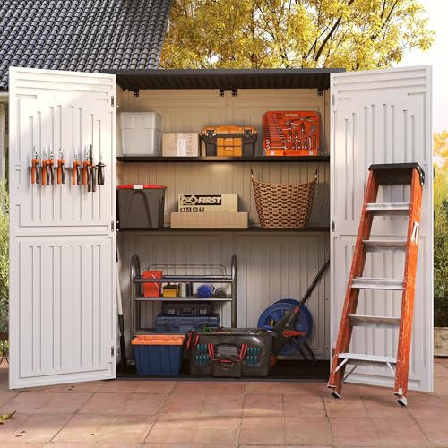 Vertical Resin Storage Shed, 60 Cuft Garden Tool Sheds & Outdoor Storage, Plastic Outdoor Storage Cabinet Waterproof, 4.5 x 2.3 ft Backyard Outside Lawn Mower Storage Shed, White