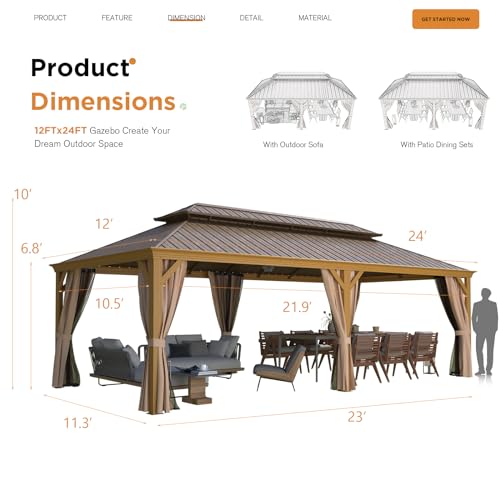 EROMMY 14'x20' Hardtop Gazebo Double Roof Galvanized Steel Canopy Outdoor Aluminum Frame Permanent Metal Pavilion with Netting and Curtains for Patio Backyard Deck and Lawns