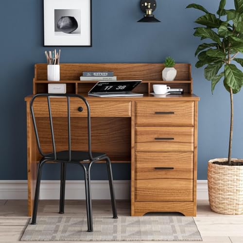 4 EVER WINNER Computer Desk with Storage Drawers and Hutch, 44 Inch Farmhouse Writing Study Desk with Monitor Stand for Small Space, Home Office Desks Wooden Desk for Bedroom, Home Office, White