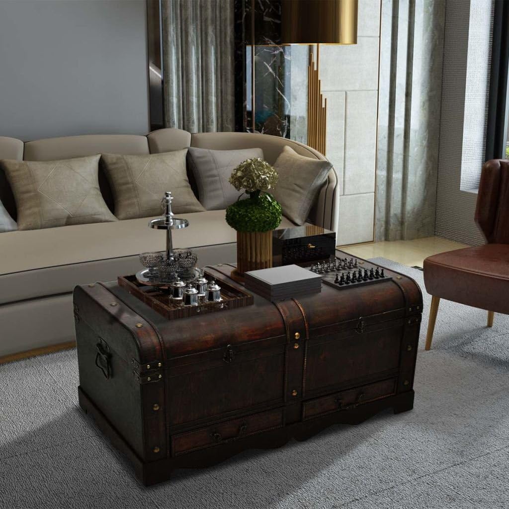 Wooden Storage Trunk Treasure Chest, Decorative Small Wooden Chest with Hinged Lid for Home Livingroom Bedroom Cafe Bar Hotel