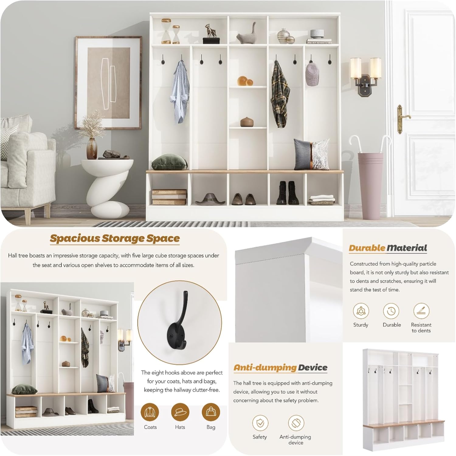Multifunctional Coat Rack with 8 Hooks for Entryways, Wide Design Hall Tree with Storage Bench, Minimalist Shoe Cabinet with Cube Storage & Shelves, Mudroom, White