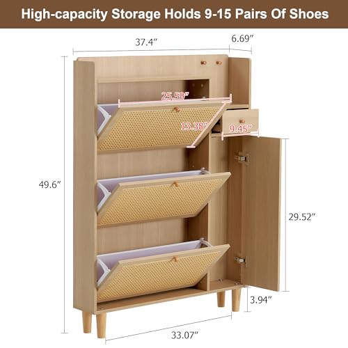 Olela Organizer Shoe Cabinet Storage with Rattan Doors & Adjustable Shelves, Modern Hidden Shoe Rack with 3 Flip Drawers & 2 Small/Large Shelves for Entryway, Front Door Entrance