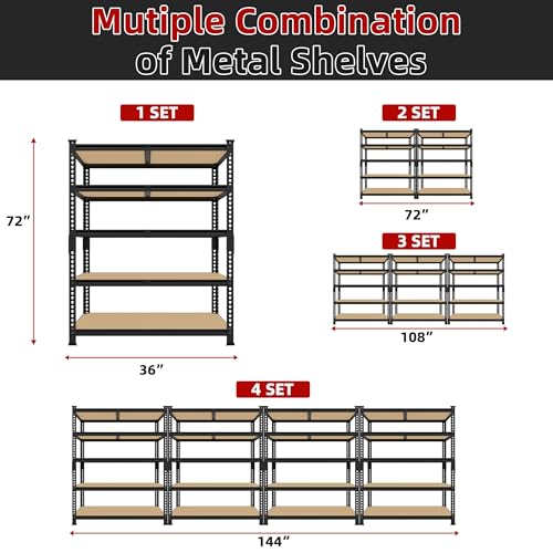 5 Tier Garage Storage Shelves - 32" W x 16" D x 63" H Adjustable Heavy Duty Metal Shelving Unit, Garage Shelving Utility Storage Rack for Basement, Pantry, Kitchen, Black, 2 PCS