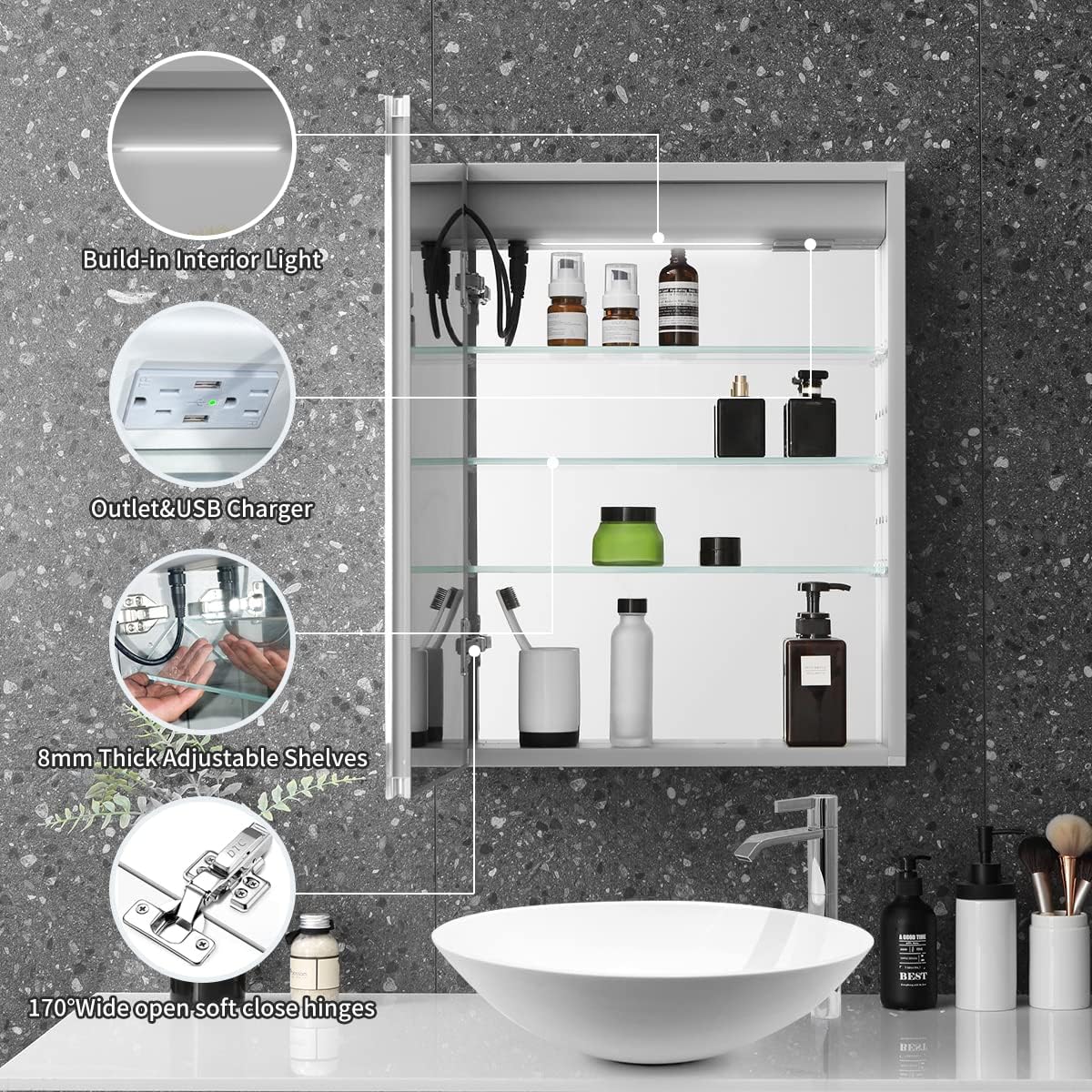 26 x 20 Inch Led Medicine Cabinet Outlet, Lighted Medicine Cabinets for Bathroom with Mirror, Recessed or Surface Wall Mounted, Defogger, Dimmer, Glass Door Cabinet with Single Door