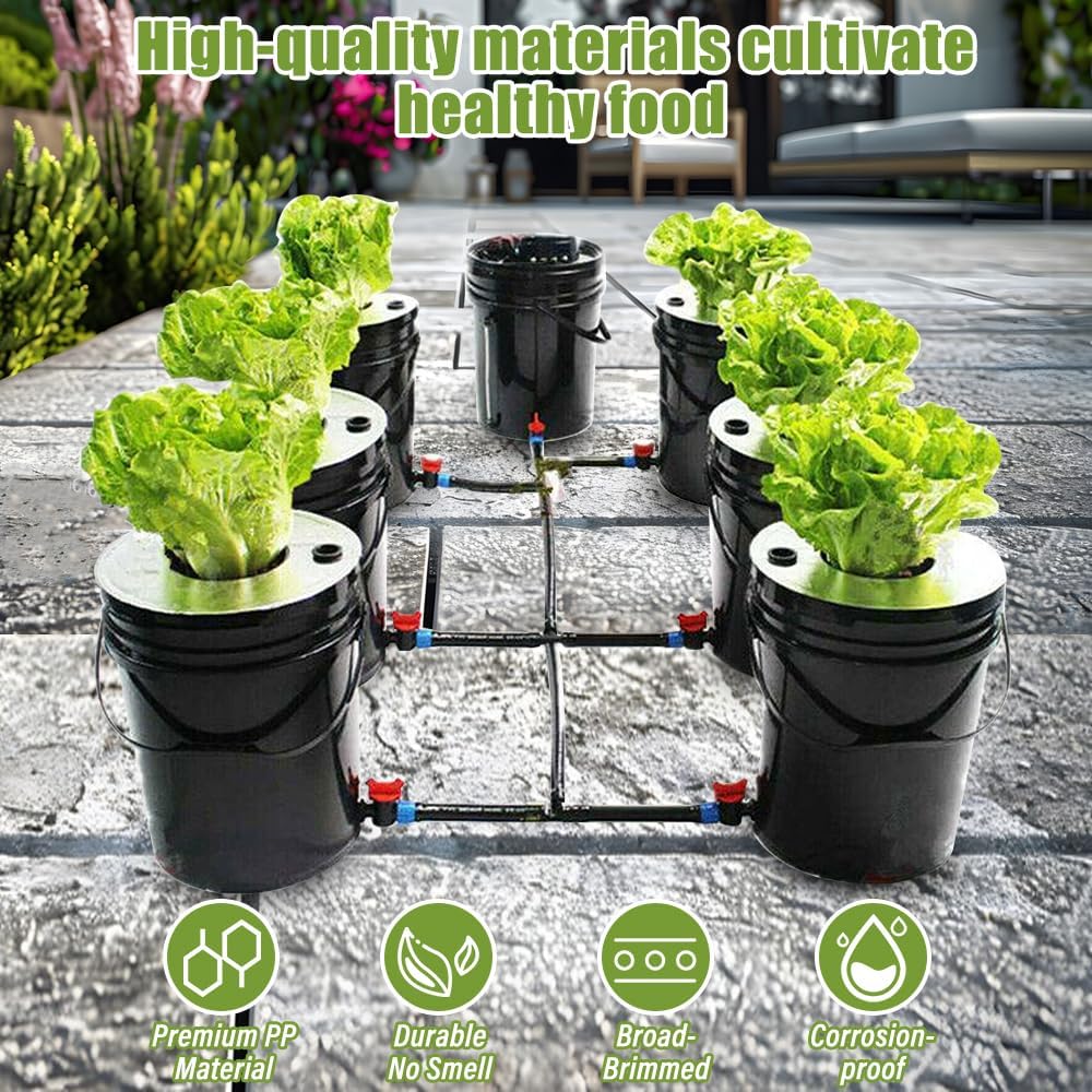 Hydroponic System, Growing System Kit 7 Bucket 5 Gallon Recirculating Deep Water Aquaculture, Hydroponic Growing Kit with Pump, Air Stone and Water Leveling Device for Indoor/Outdoor Leafy Vegetables
