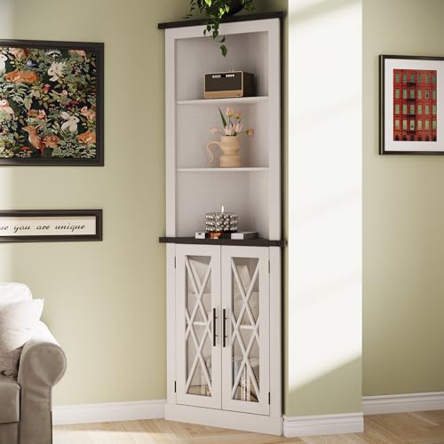 Maupvit 66.8" Tall Corner Cabinet with 2 Glass Doors, Modren Storage Cabinet with Adjustable Shelves, Freestanding Corner Display Cabinet for Living Room, Bathroom, Hallway, White