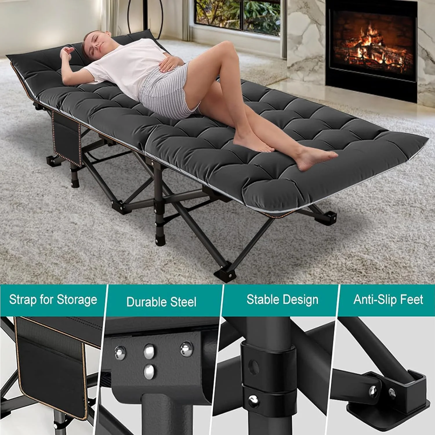 ABORON Oversized XL Folding Sleeping Cots for Adults, 900lb Loading Double-Layer 1200D, Heavy Duty Guest Bed W/Cushion & Carrying Bag