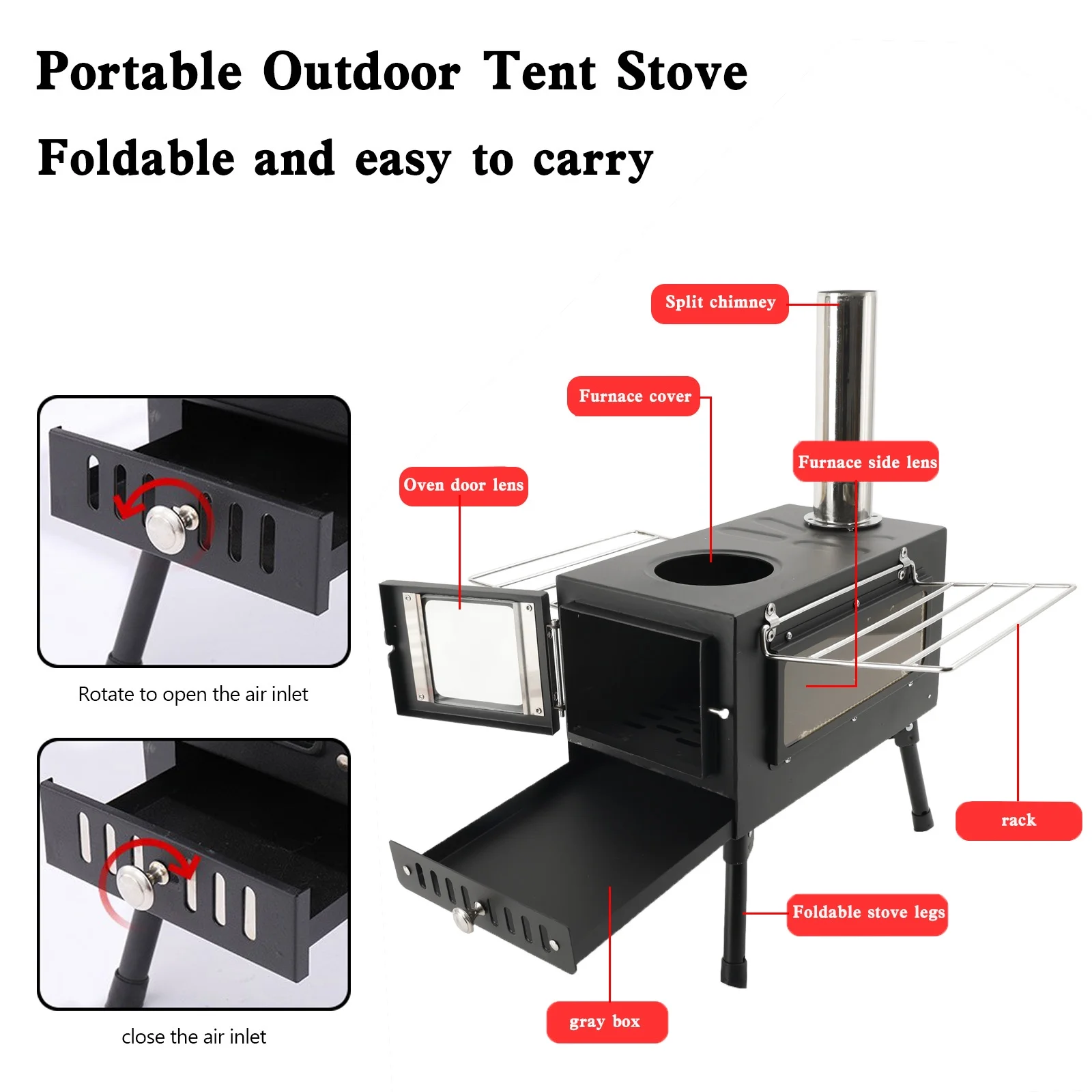 TOPTENG Camping Tent Stove, Large Tent Wood Stove with Window and 6 Chimney Pipe, Outdoor Portable Wood Burning Stove for Camping Hiking Cooking Travel Picnic Backpacking