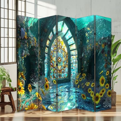 6 Panels Screen Room Divider Vibrant Sunflower Stained Glass White Washed Wall Decor Canvas Screen Indoor Folding Separator Freestanding Protective Wall Divider Privacy Partition