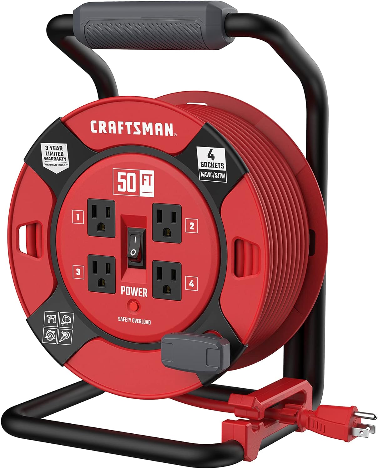 CRAFTSMAN Heavy Duty Retractable Extension Cord, 100 feet with 4 Outlets - 14AWG SJTW Cable - Outdoor Power Cord Reel