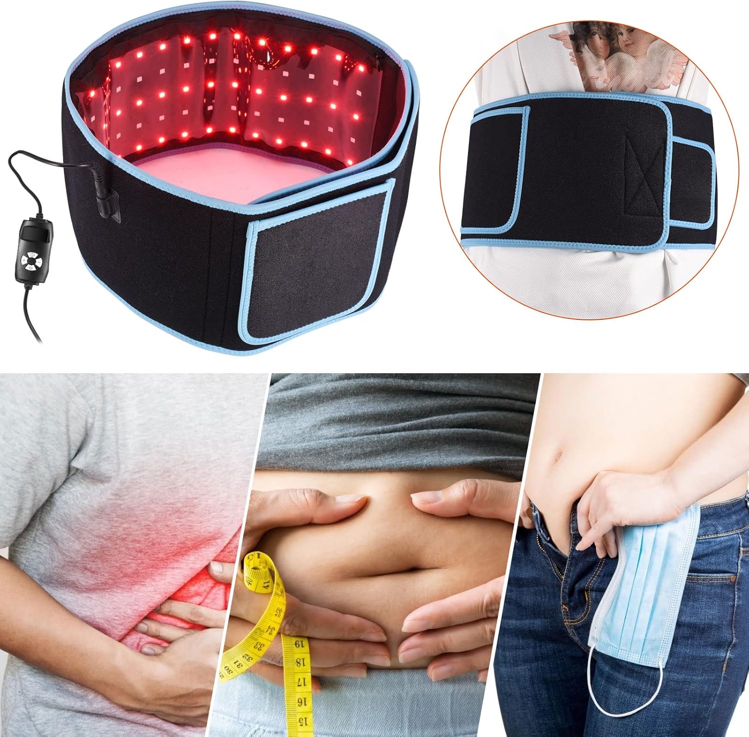 Red Infrared Light Therapy Device, Waist Belt,660nm LED Red Light and 850nm Near-Infrared Light are Used for Pain Relief and Muscle Relaxation,Red Light Therapy for Body(Blue）.