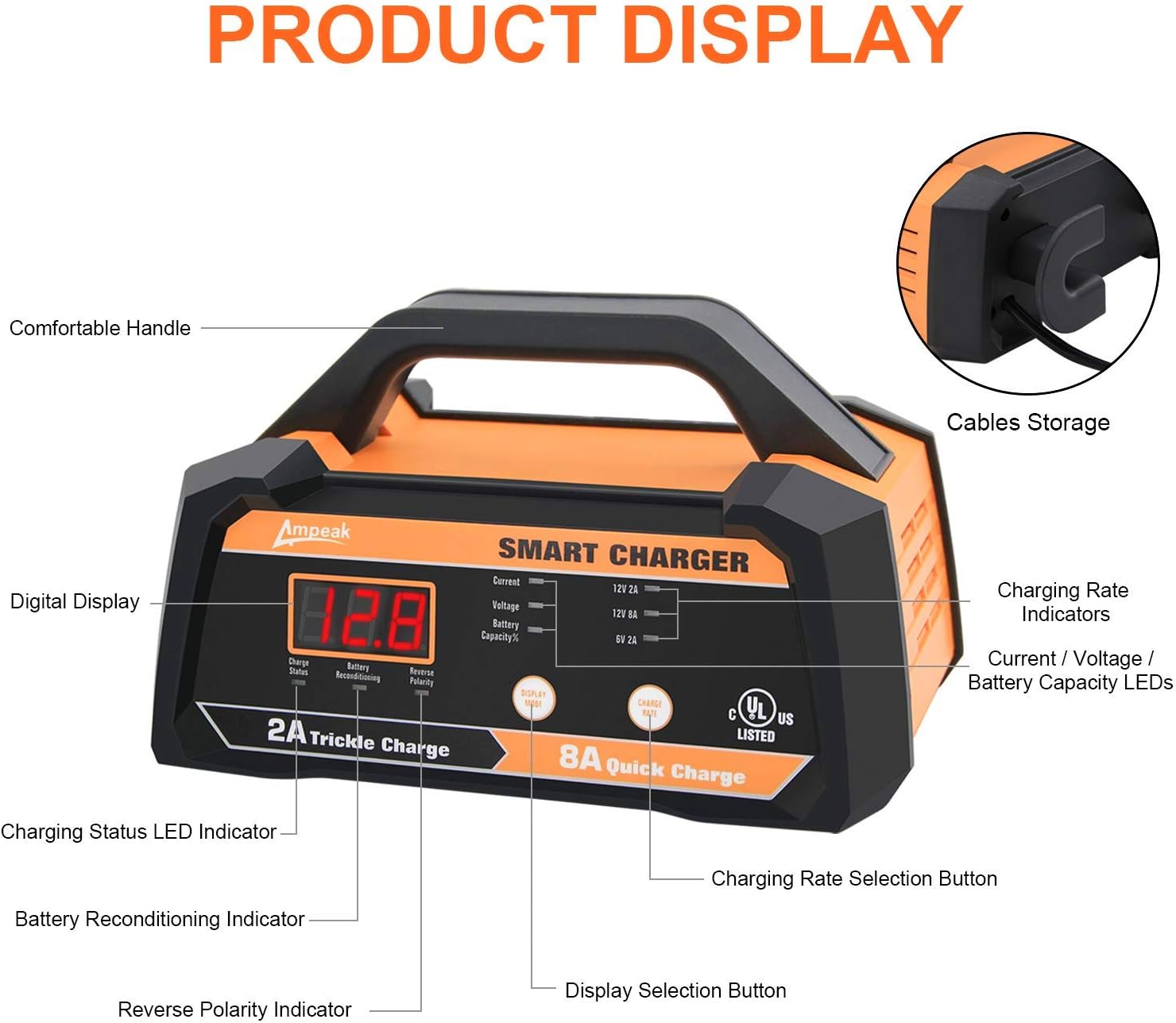 Ampeak 6V 12V Smart Car Battery Charger and Maintainer 2A 8A Fully Automatic with Cable Clamps