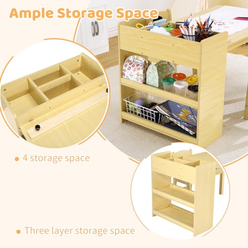 Kids Art Table with 2 Chairs, Toddler Craft Play Wood Activity Desk with Large Storage Shelves for Writing Drawing,Nursery, Children's Wooden Furniture for Classroom Daycares,Home
