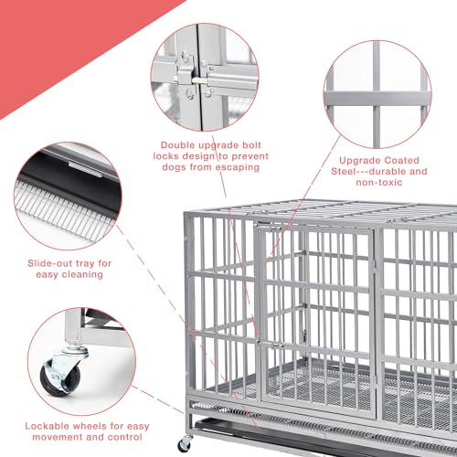 48 Inch Heavy Duty Indestructible Dog Crate Steel Escape Proof, Indoor Double Door High Anxiety Cage, Kennel with Wheels, Removable Tray, Extra Large XL XXL