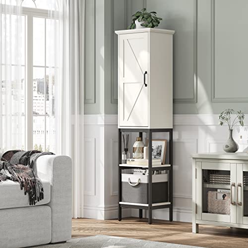 Linen Cabinet, Tall Narrow Slim Storage Cabinet with Storage Basket, Linen Tower with Barn Door and 5 Shelves Freestanding Floor Storage Cabinet for Bathroom Living Room Kitchen (Grey)
