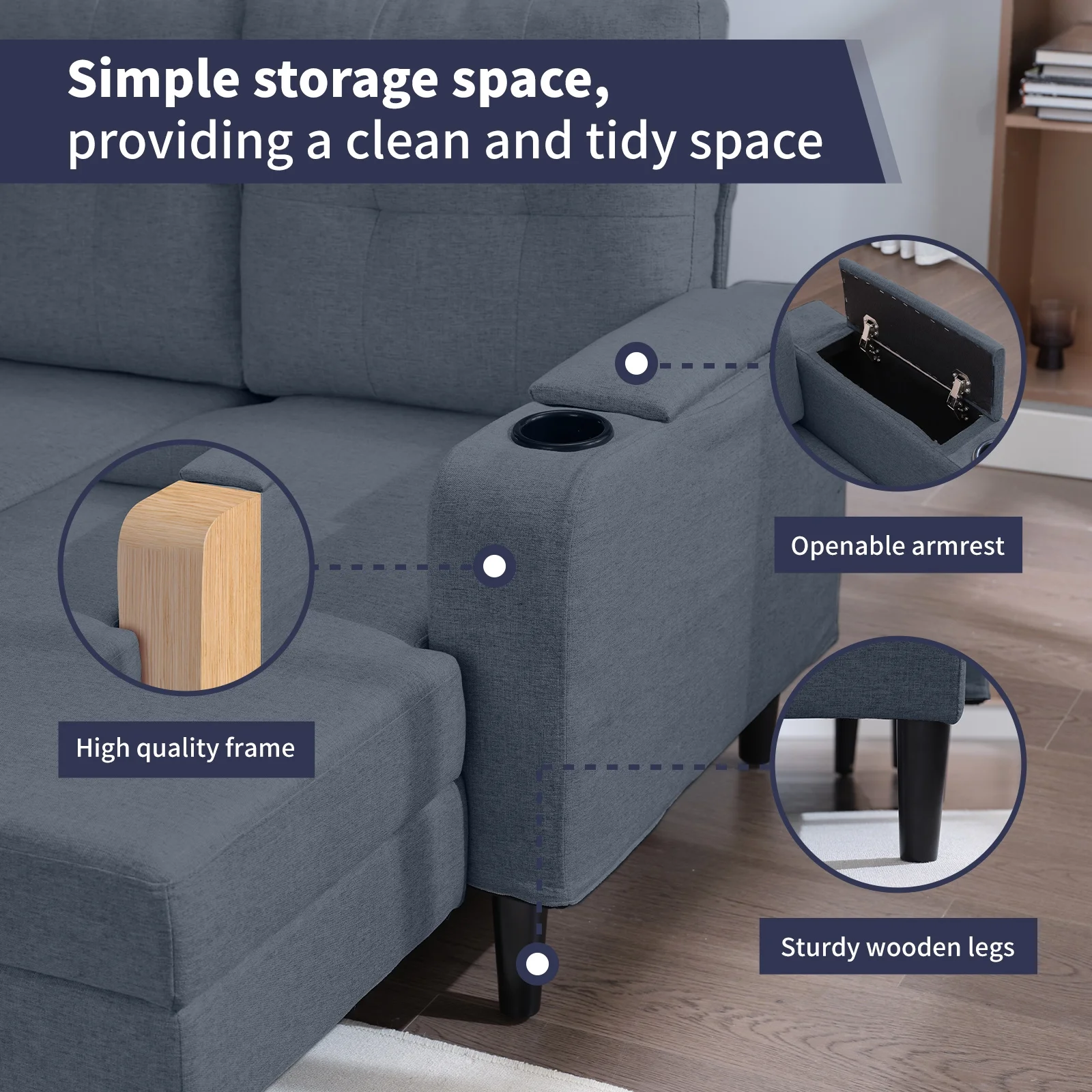 ijuicy Pull Out Sofa Bed, 3-Seat Pull Out Couch Bed with Linen Upholstered, 80” Sleeper Sofa with Storage Armrest & Cupholders, L-Shape Sectional Sleeper Sofa for Living Room, Apartment Dark Grey