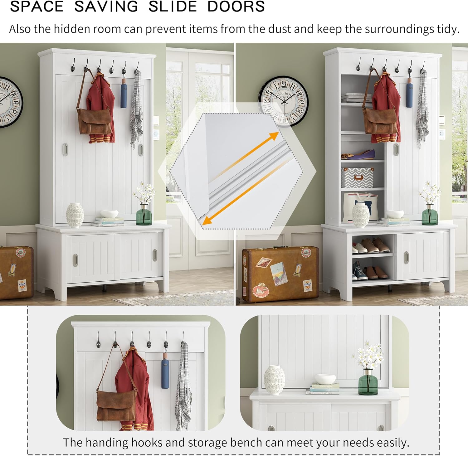 Modern Hall Tree with Bench and Shoe Storage Cabinet, Hallway Coat Rack with Sliding Doors & Adjustable Shelves for Entryway, Mudroom, Living Room, White
