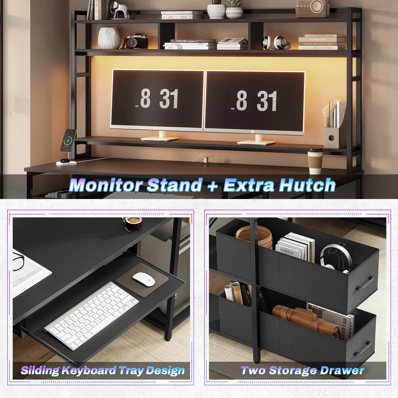 Computer Desk with LED Lights and Hutch, 55" Gaming Desk with Drawer, Power Outlet, Storage Shelves and Monitor Stand, Home Office Desk, Black