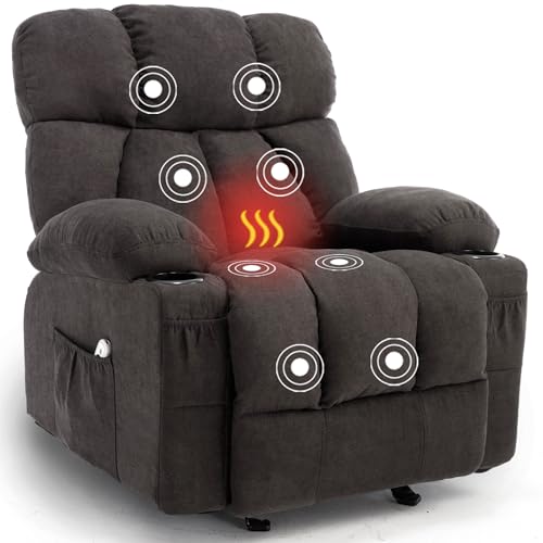 Massage Rocker Recliner Chair with Heat and Vibration Ergonomic Rocking Lounge Chair for Living Room Comfy Overstuffed Recliner with 4 Side Pockets,2 Cup Holders, USB Charge Port, Grey