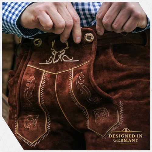 Lederhosen Men - Genuine Leather Authentic German Lederhosen for Men, Oktoberfest Outfit - Light Brown Knee