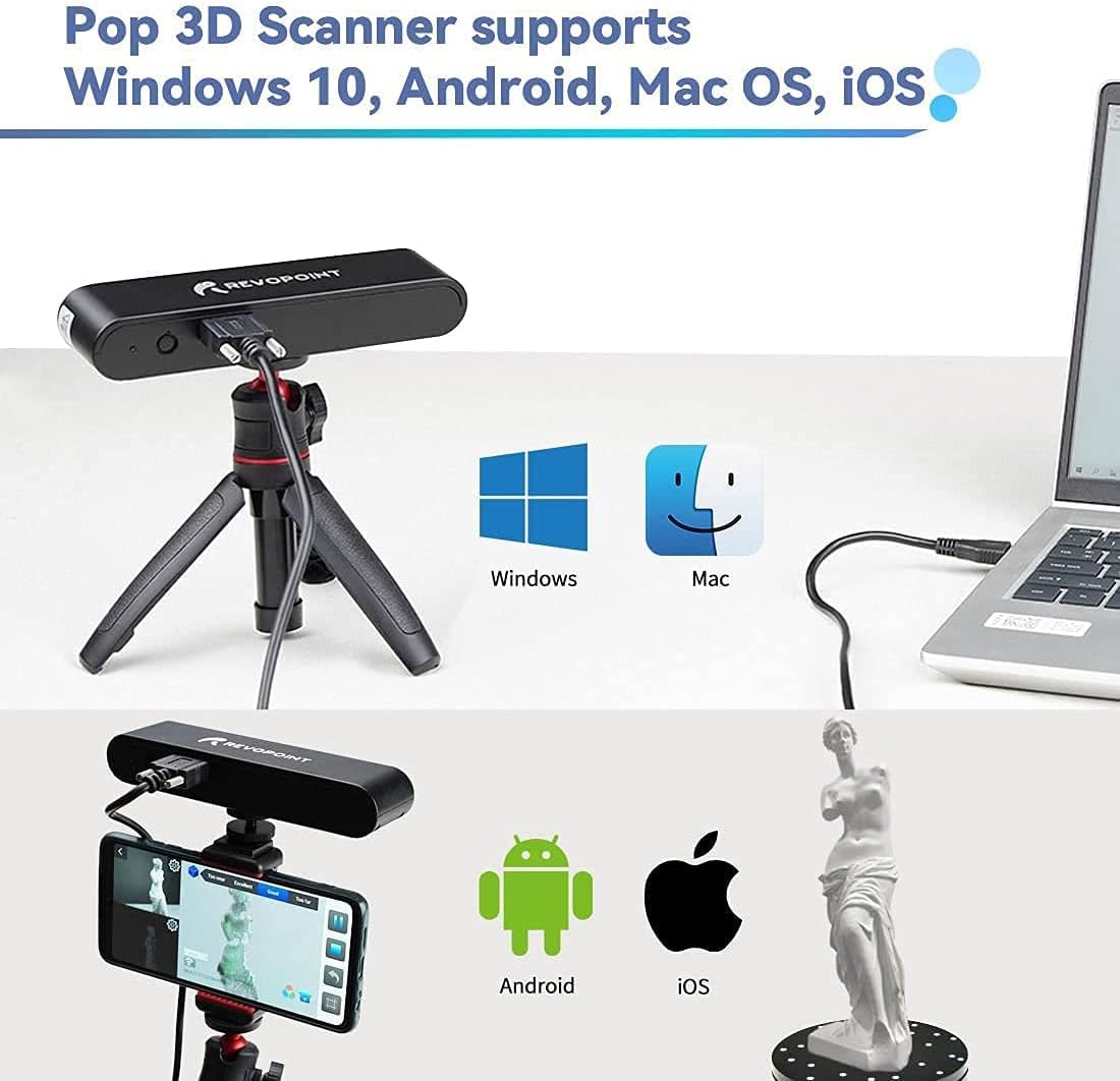 Revopoint POP A3 3D Scanner, Black - with Turntable 0.3mm Accuracy 8 Fps Scan Speed Desktop and Handheld Fixed/Auto Scan Mode for Face and Body Scanning Modes for Color 3D Printing