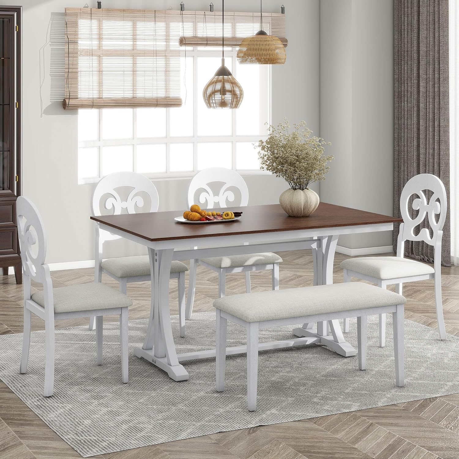 Mid-Century 6-Piece Trestle Table Set with Victorian Round Upholstered Dining Chairs,Vintage Wooden Rectangular Tabletop w/Long Bench,for Living Room/Hostel,Cherry+Antique White