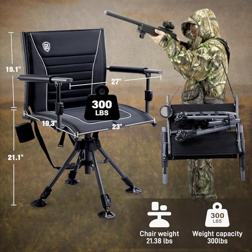 EVER ADVANCED 360° Silent Swivel Hunting Chair for Blinds, Adjustable Folding Hunting Seats for Outdoor Activities, Fishing, Support 300lbs, Black